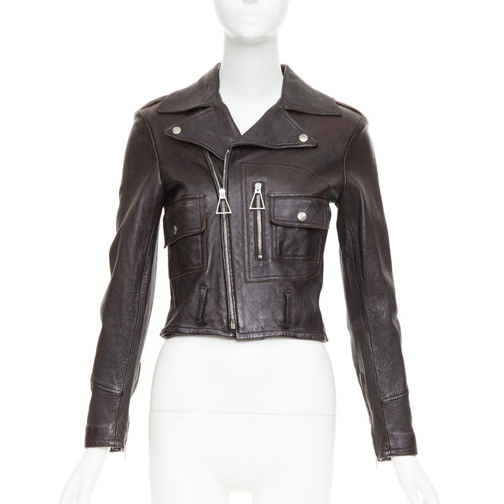 SAINT LAURENT 2016 black lambskin triangular zipper cropped biker jacket FR38