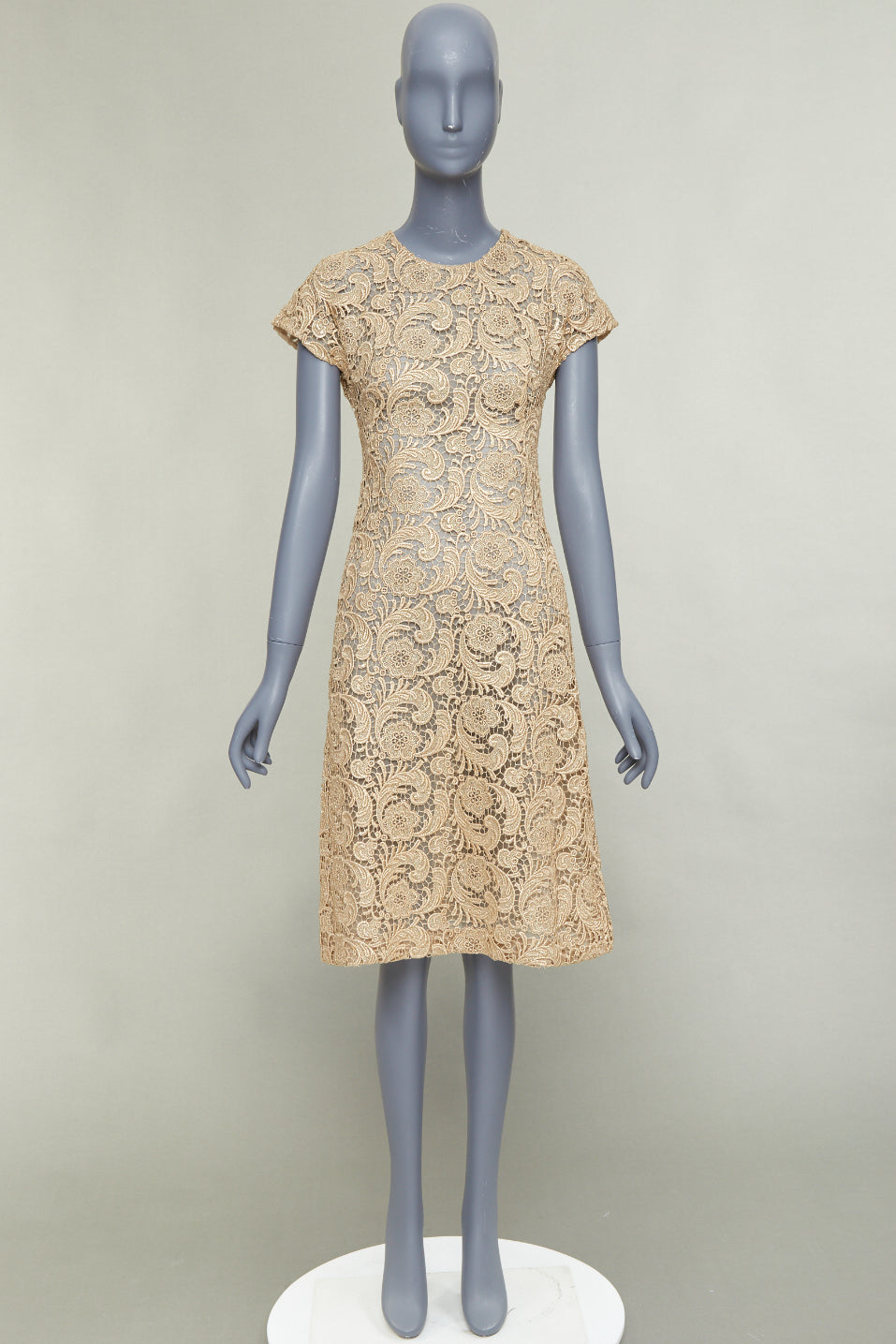 PRADA 2008 Vintage gold metallic 3D guipure lace cap sleeve dress IT38 XS