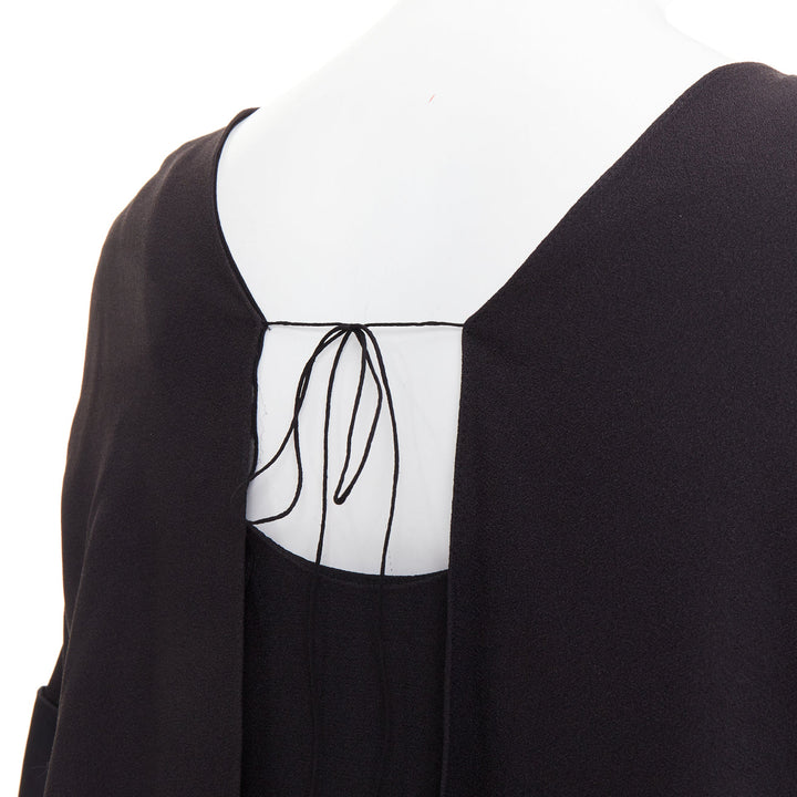 CHLOE black 100% silk crepe satin contrast cape back dress FR42 XL