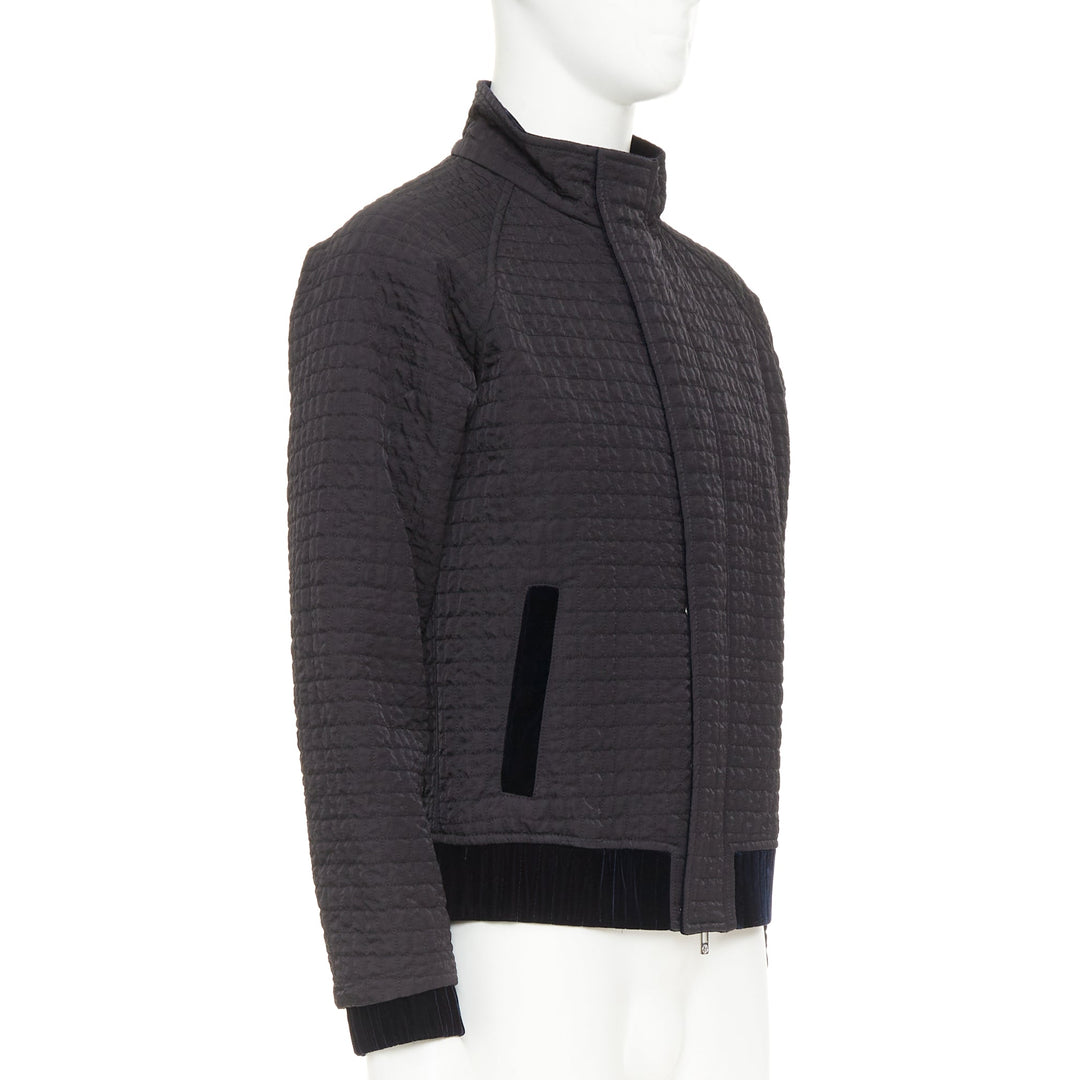 GIORGIO ARMANI black fine grid quilted nylon velvet trim zip up jacket IT46 S