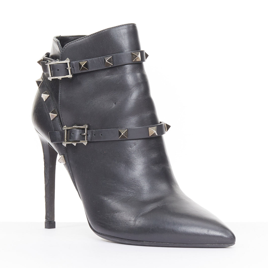 VALENTINO 2017 Rockstud leather caged wrap buckle stiletto ankle boots EU37.5