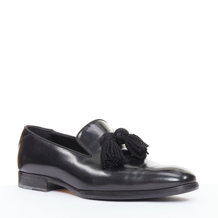 JIMMY CHOO  Foxley black shiny calf leather rope tassel loafer shoes EU43