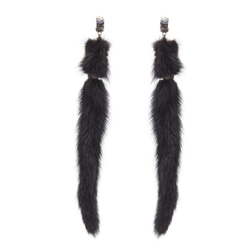 SAINT LAURENT Runway black mink fur tassel pierced statement earring