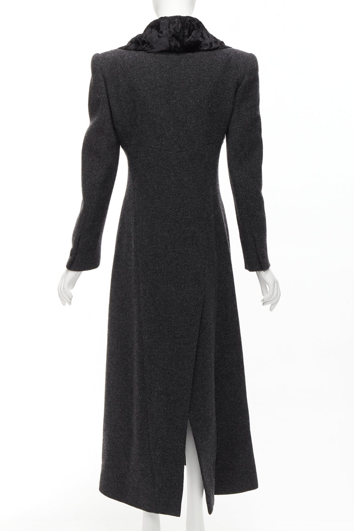 FENDI Vintage Astrakhan fur collar grey virgin wool blend longline coat IT42 M