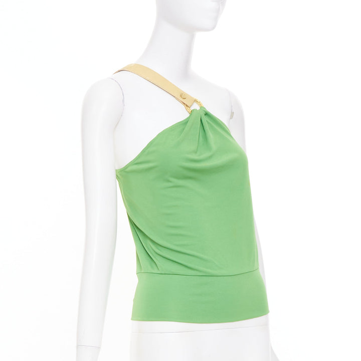 CELINE 2002 Runway horn ring green leather asymmetric shoulder halter top FR36 S