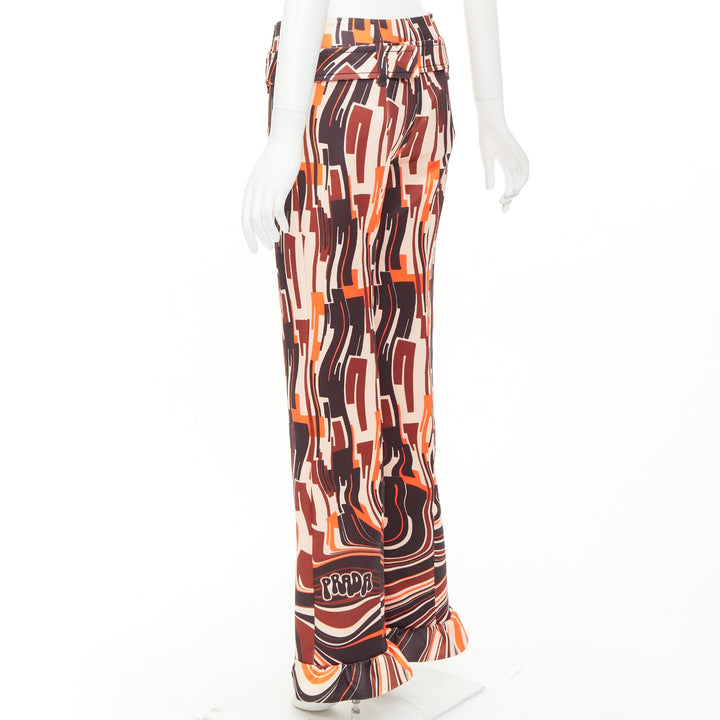 PRADA 2019 Runway orange black geometric swirl belted ruffled hem pants IT38 XS