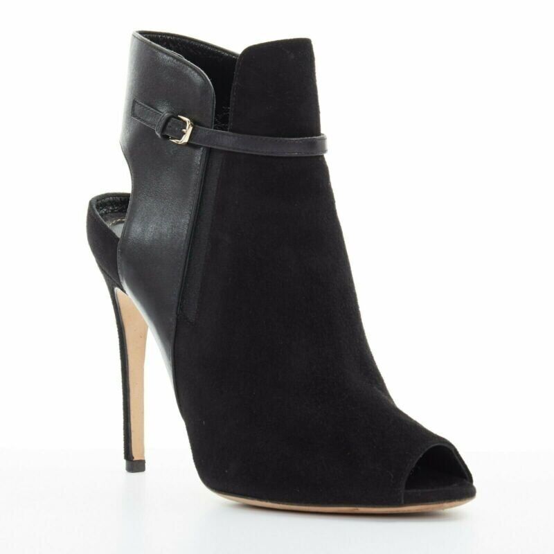 SERGIO ROSSI black suede leather strap buckle peep toe heel ankle bootie EU37