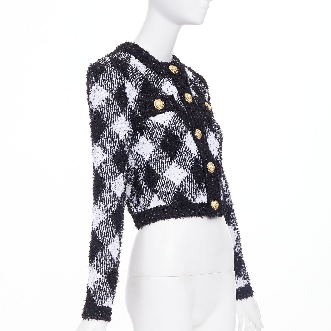 BALMAIN 2023 metallic vichy plaid houndstooth check knit crop cardigan FR34 XS