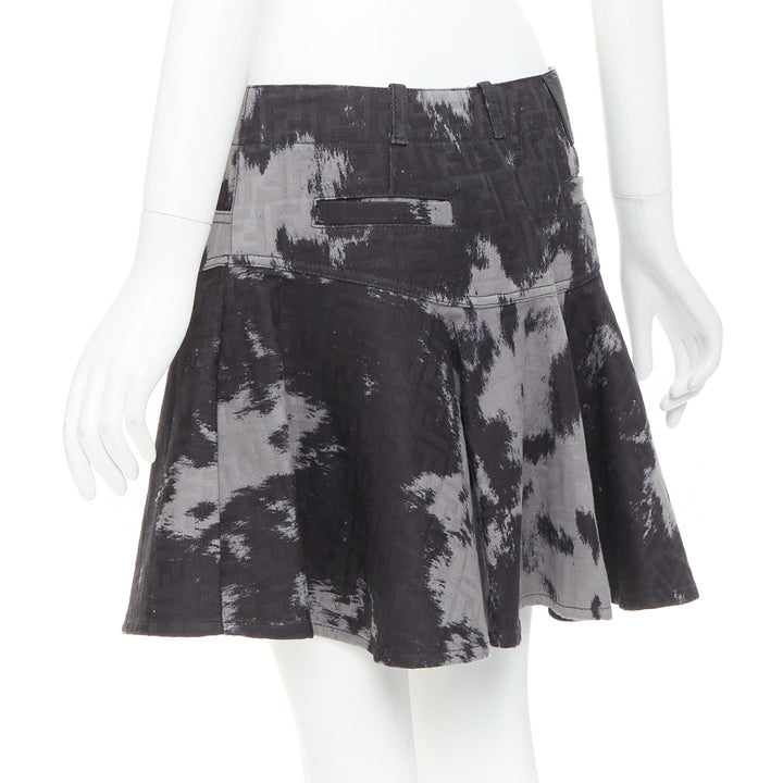 FENDI Five-Pocket black grey cotton FF Monogram tie dye denim flared skirt IT42