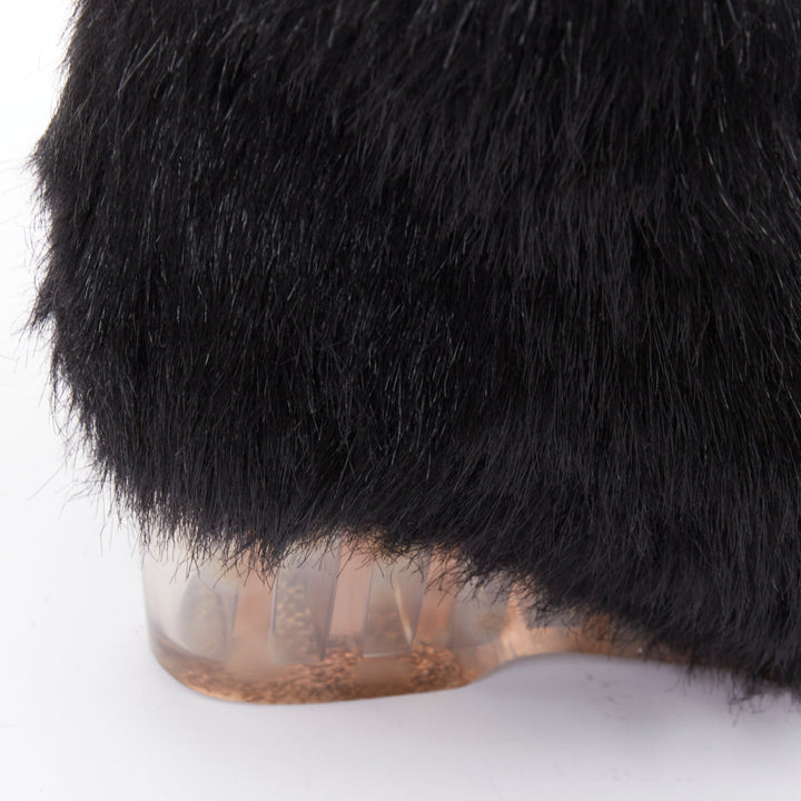 CHANEL 2010 Runway black Yeti faux fur silver CC clear iceberg heel boots EU38.5