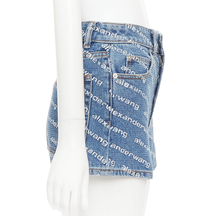 ALEXANDER WANG Bite blue denim crystal rhinestone hotfix logo mini shorts 25"