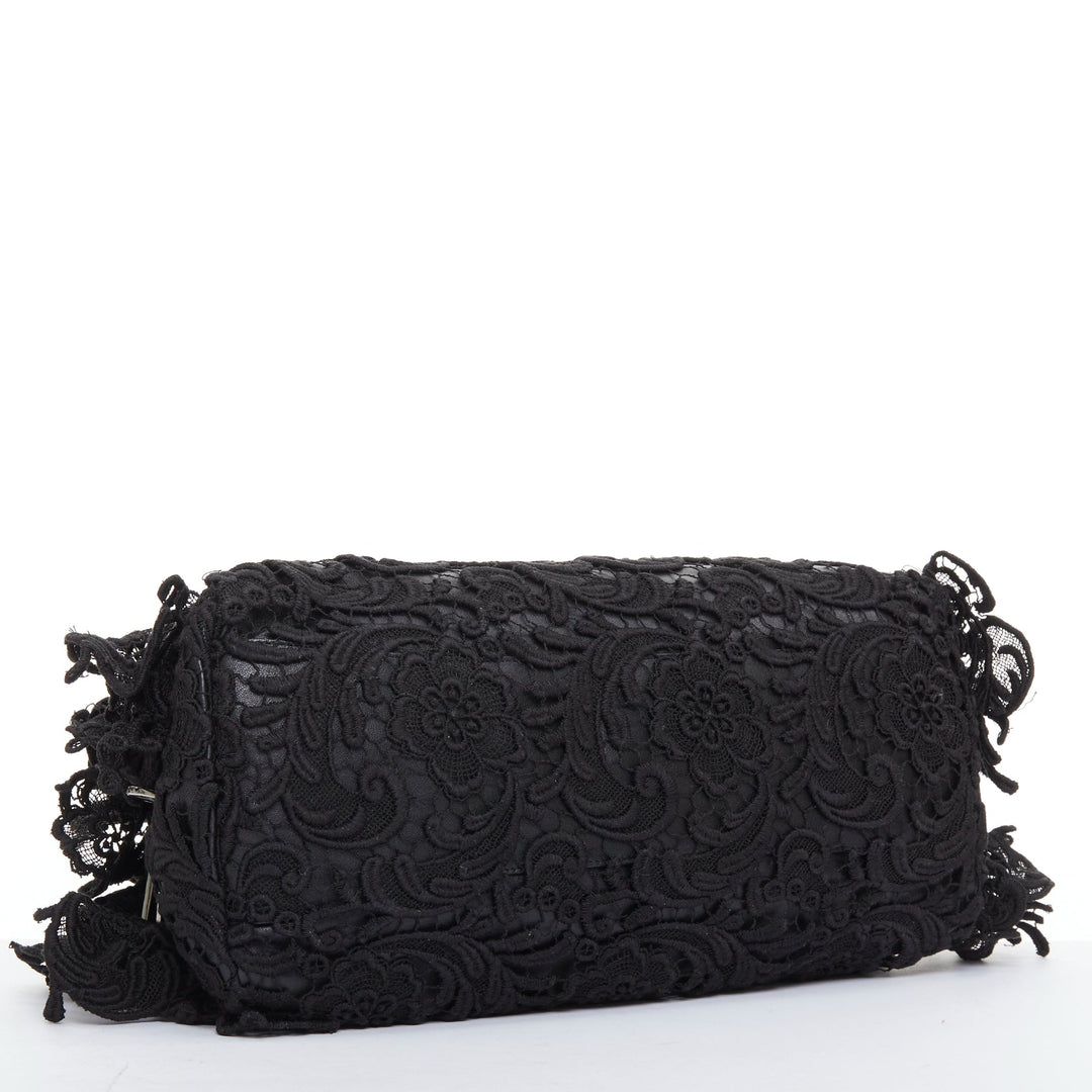 PRADA 2008 Lace Pizzo S Bowler black lace overlay leather silver zip bag