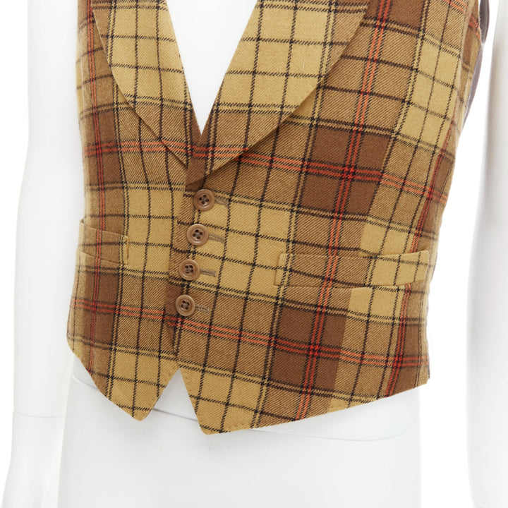 DRIES VAN NOTEN brown red plaid 100% wool shawl collar waistcoat IT48 M