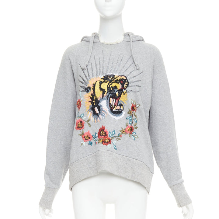 GUCCI Blind For Love grey cotton yellow tiger embroidered hoodie XS
