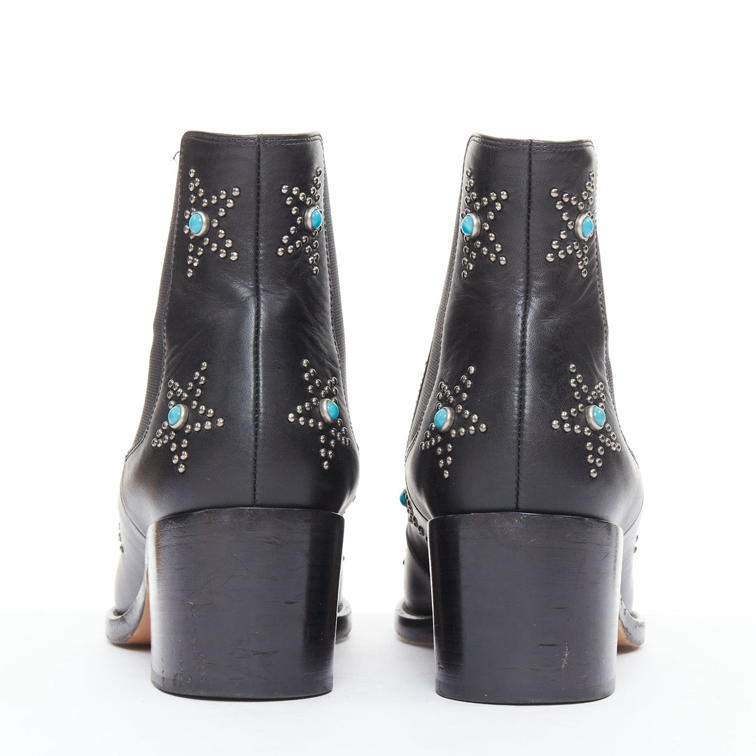VALENTINO black leather turquoise blue stone star studded ankle boots EU40