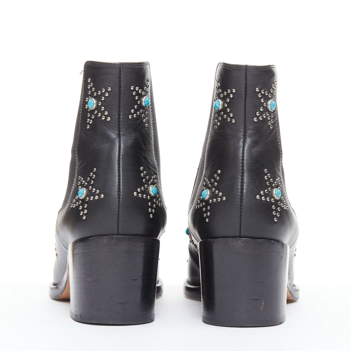 VALENTINO black leather turquoise blue stone star studded ankle boots EU40
