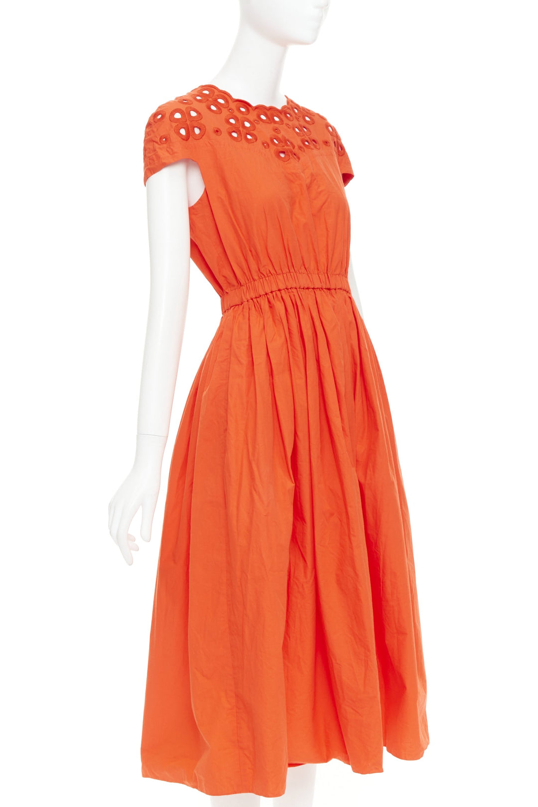 FENDI orange poplin embroidered eyelets ruched cap sleeve sundress