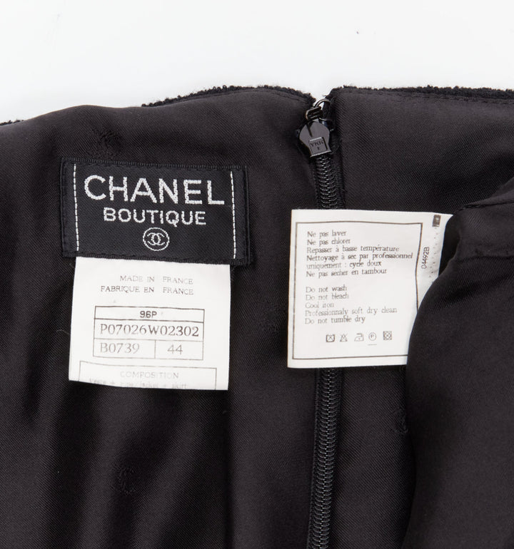 CHANEL 96A black wool tweed CC silver logo button pencil skirt FR44 XXL