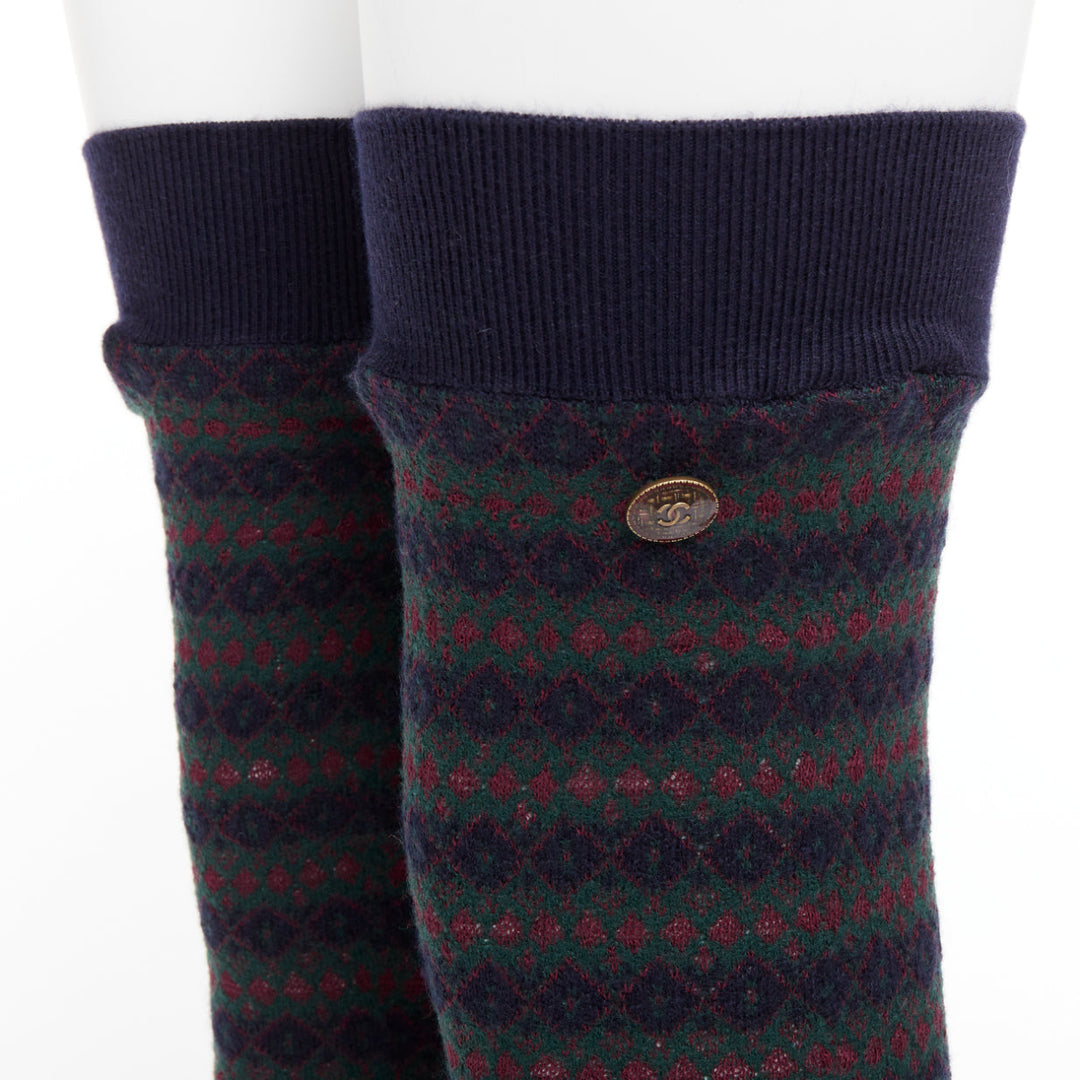 rare CHANEL logo charm navy green red striped cashmere silk thigh high socks M