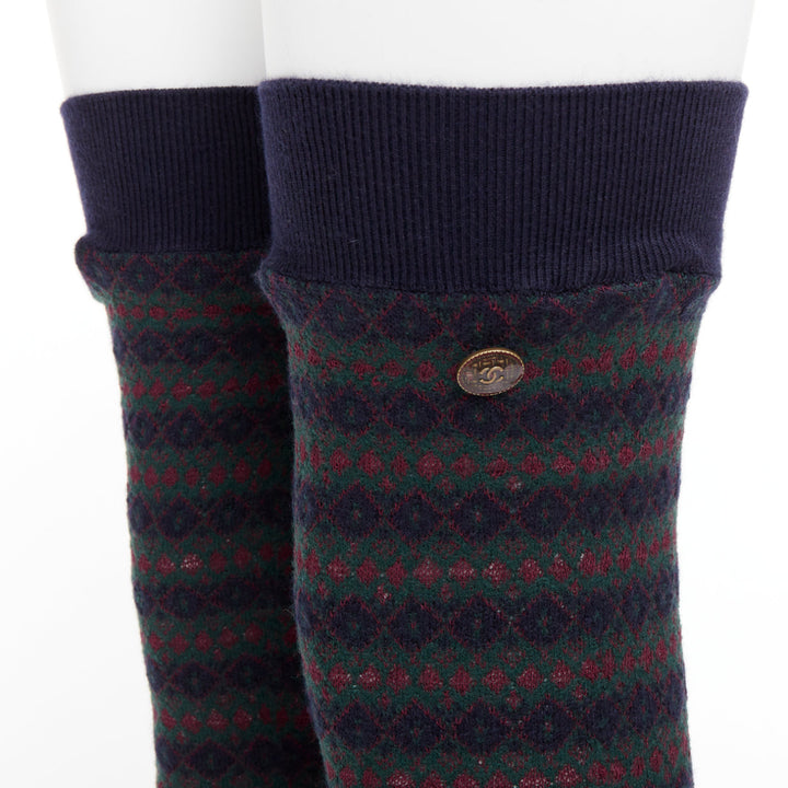 rare CHANEL logo charm navy green red striped cashmere silk thigh high socks M