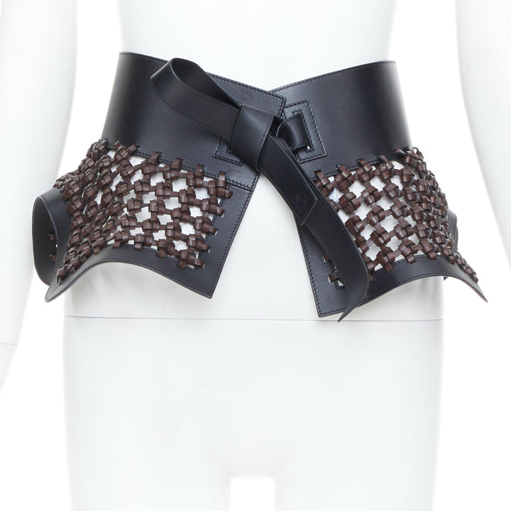 LOEWE JW Anderson black brown woven leather wide peplum Obi corset waist belt