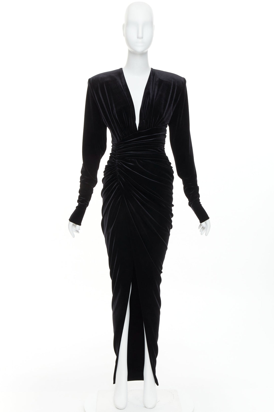 ALEXANDRE VAUTHIER black velvet Power shoulder padded wrap drape slit gown dress