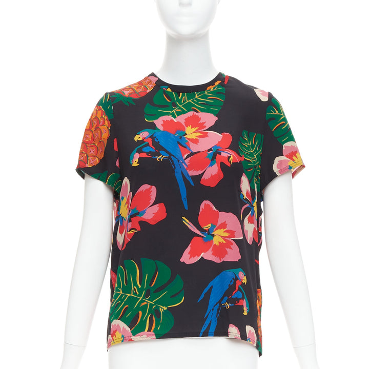 VALENTINO Tropical Couture 100% silk black parrot floral print crew top M