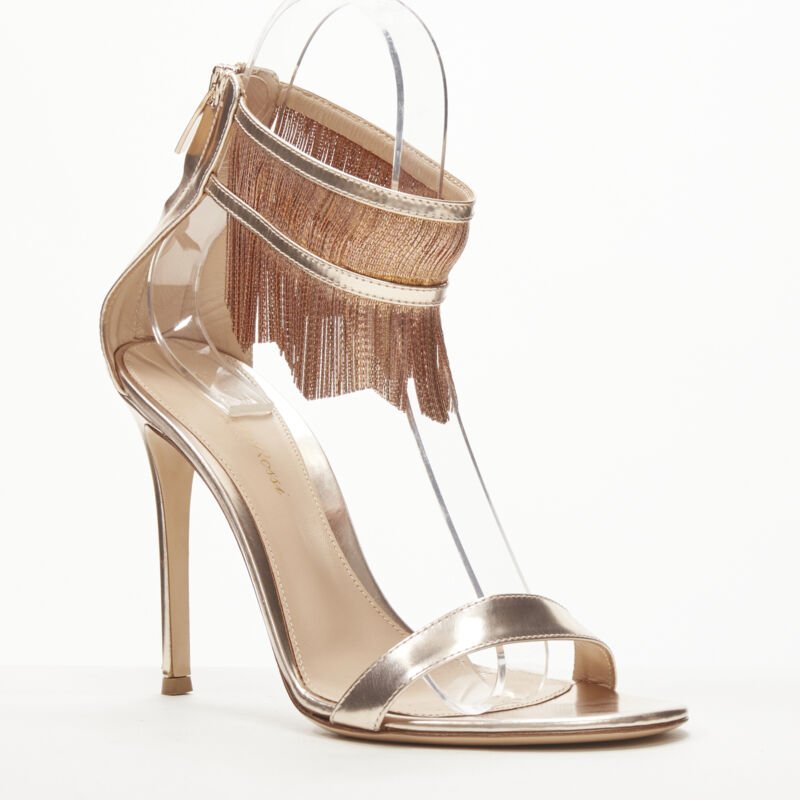 GIANVITO ROSSI Josephine copper metal fringe ankle strap high heel sandal EU38