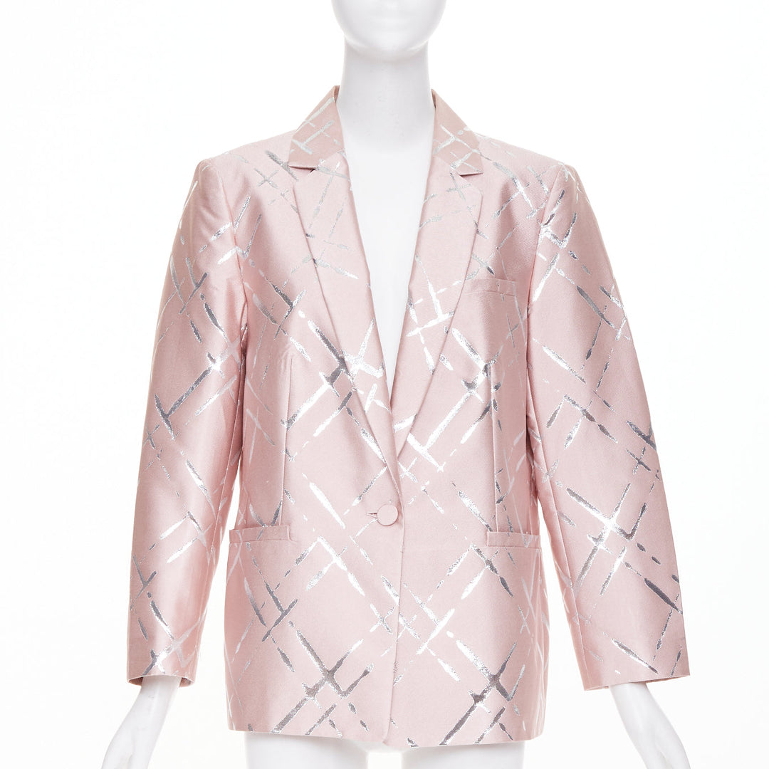 ESCADA pink silver lurex abstract cross hatch single button blazer IT44 L