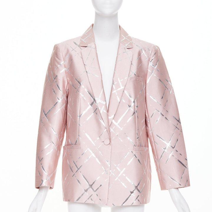 ESCADA pink silver lurex abstract cross hatch single button blazer IT44 L