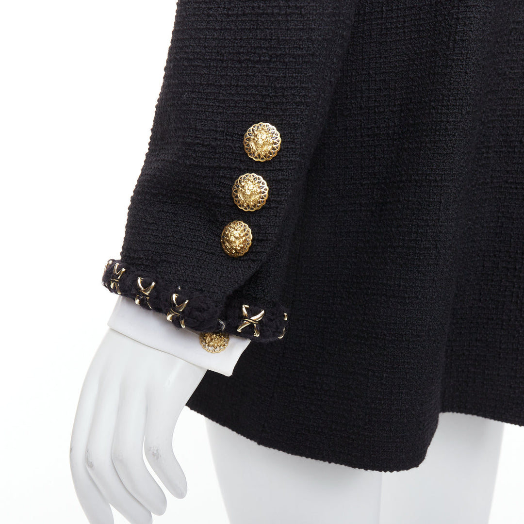 CHANEL 17A black tweed gold crosshatch braided Lionheart button long coat FR44