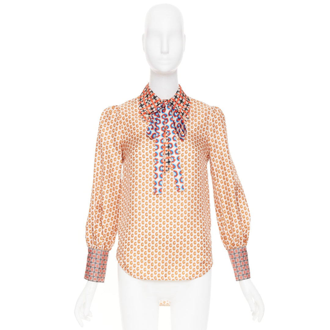 GUCCI Romain GG mixed print geometric pussy bow silk twill shirt blouse IT36 XXS