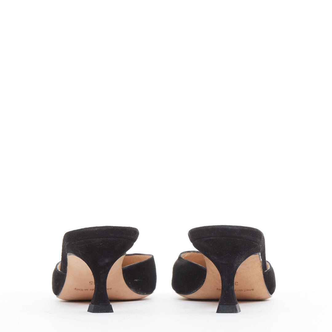 MANOLO BLAHNIK black suede leather pointy kitten spool low mules EU36