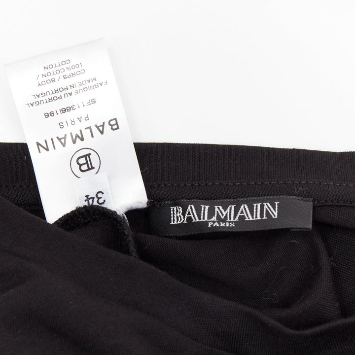 BALMAIN black white cotton crest logo crew neck cap sleeves tshirt FR34 XS