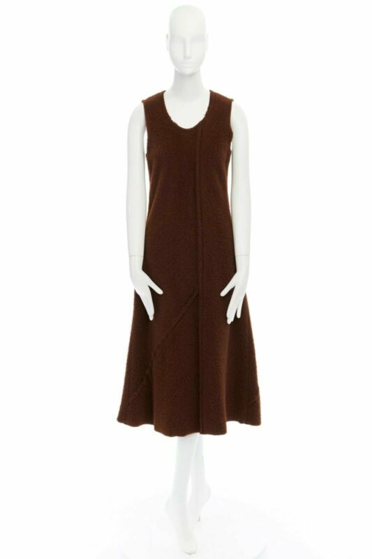 COMME DES GARCONS 1993 brown reversed seam fuzzy plush wool midi dress M