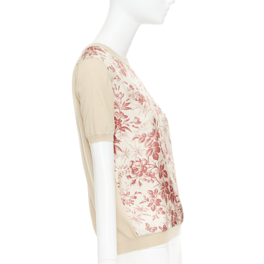 GUCCI Bloom floral butterfly silk print front wool knit sweater top M