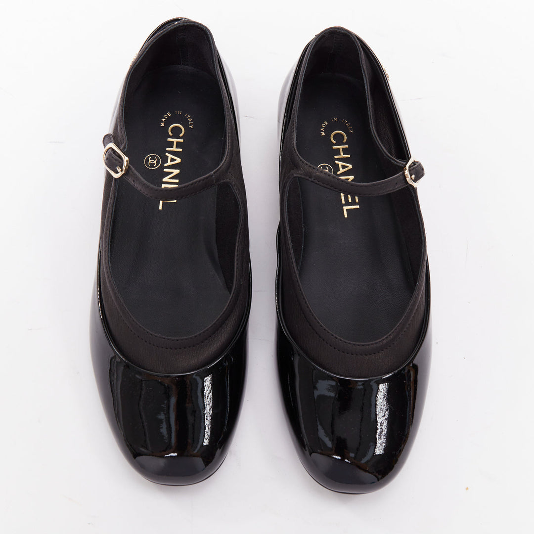 CHANEL 16P G31741 black patent leather silver CC logo mary jane flats EU38