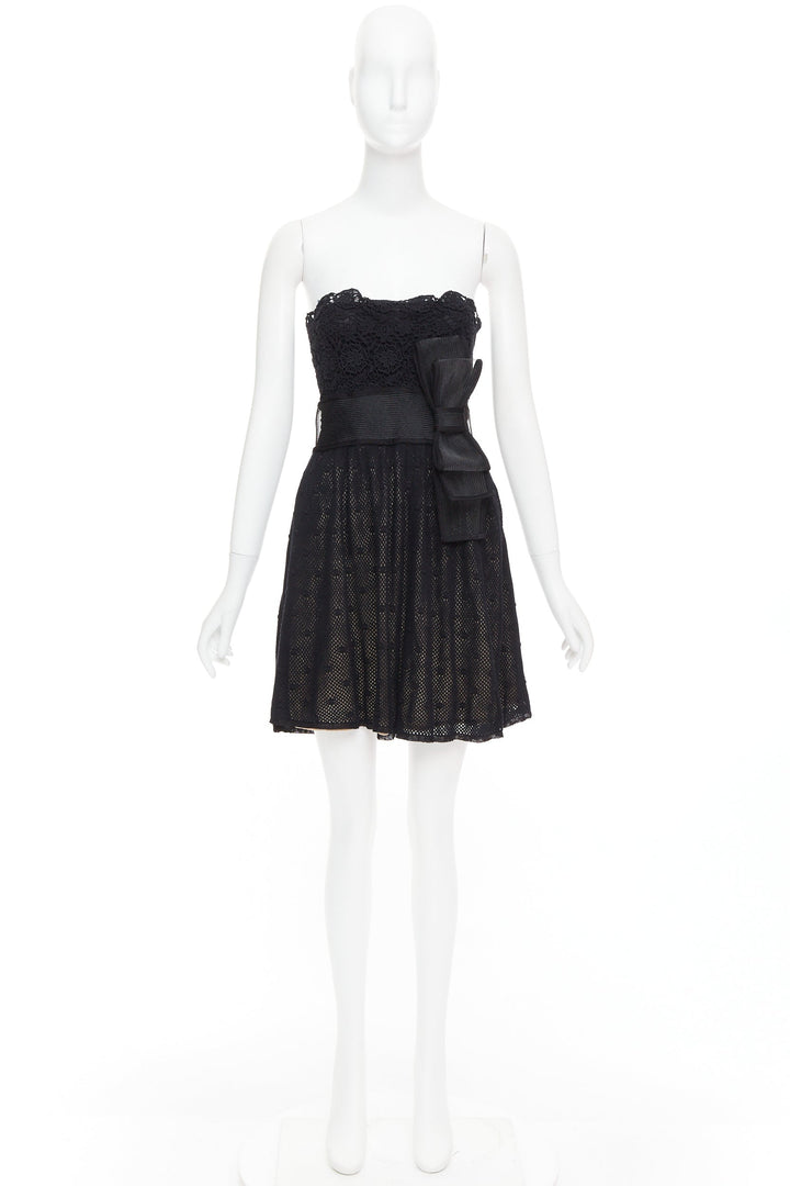 RED VALENTINO black multi lace stiff bow embellished strapless dress