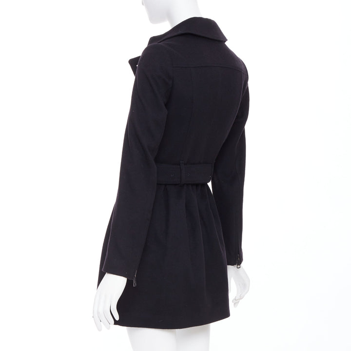 BURBERRY black virgin wool cashmere asymmetric zip belted trench coat UK4 XXS