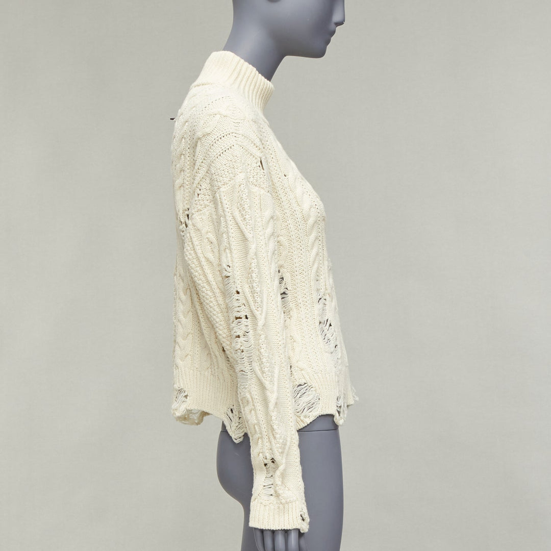 MIHARA YASUHIRO cream acrylic wool distressed cable knit pullover sweater FR36