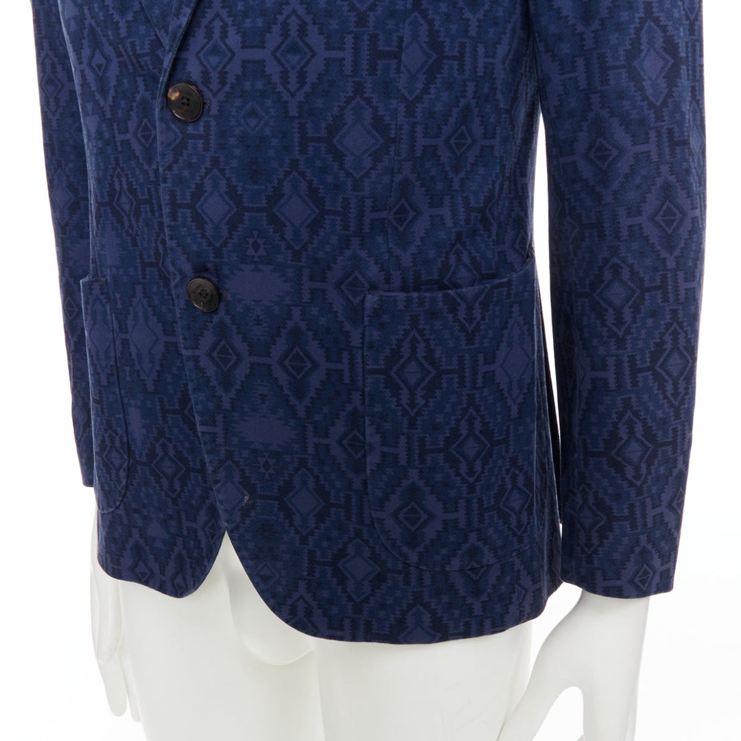 ETRO navy cotton blend aztec print single breasted fitted blazer IT48 M