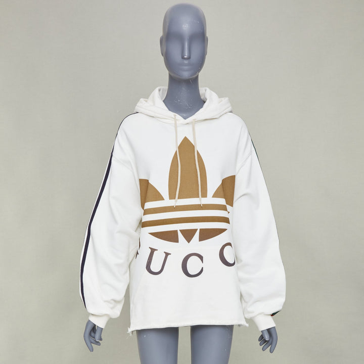 GUCCI 2022 Runway Adidas Trefoil cropped raw hem oversized hoodie sweatshirt S