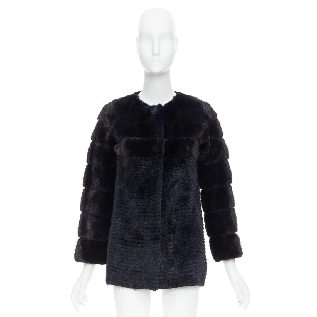YVES SALOMON KIDS black navy horizontal mink fur work collarless coat Y12