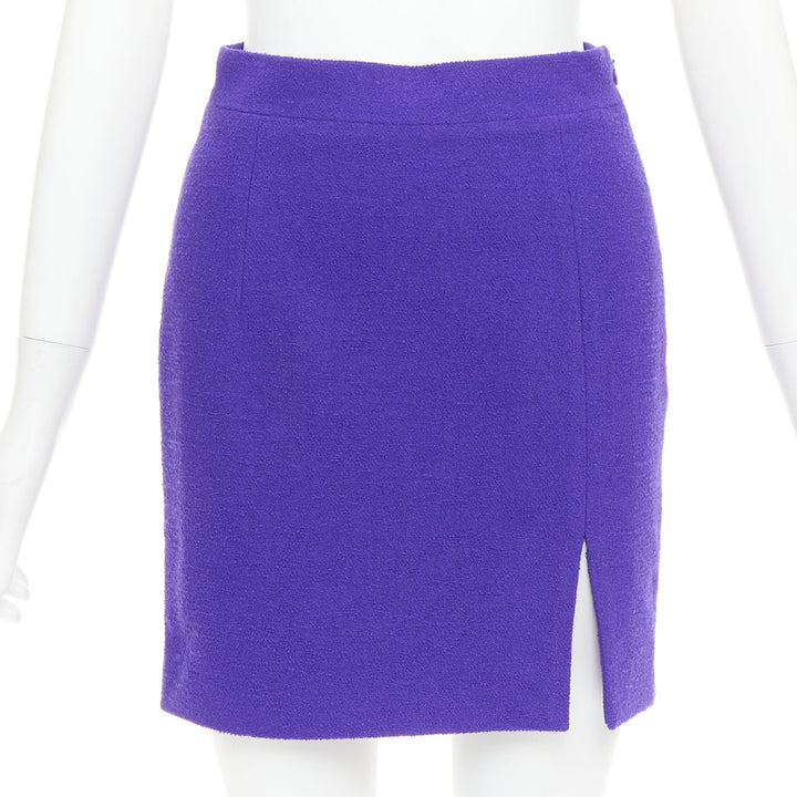ALESSANDRA RICH royal purple virgin wool boucle front slit mini skirt IT38 XS