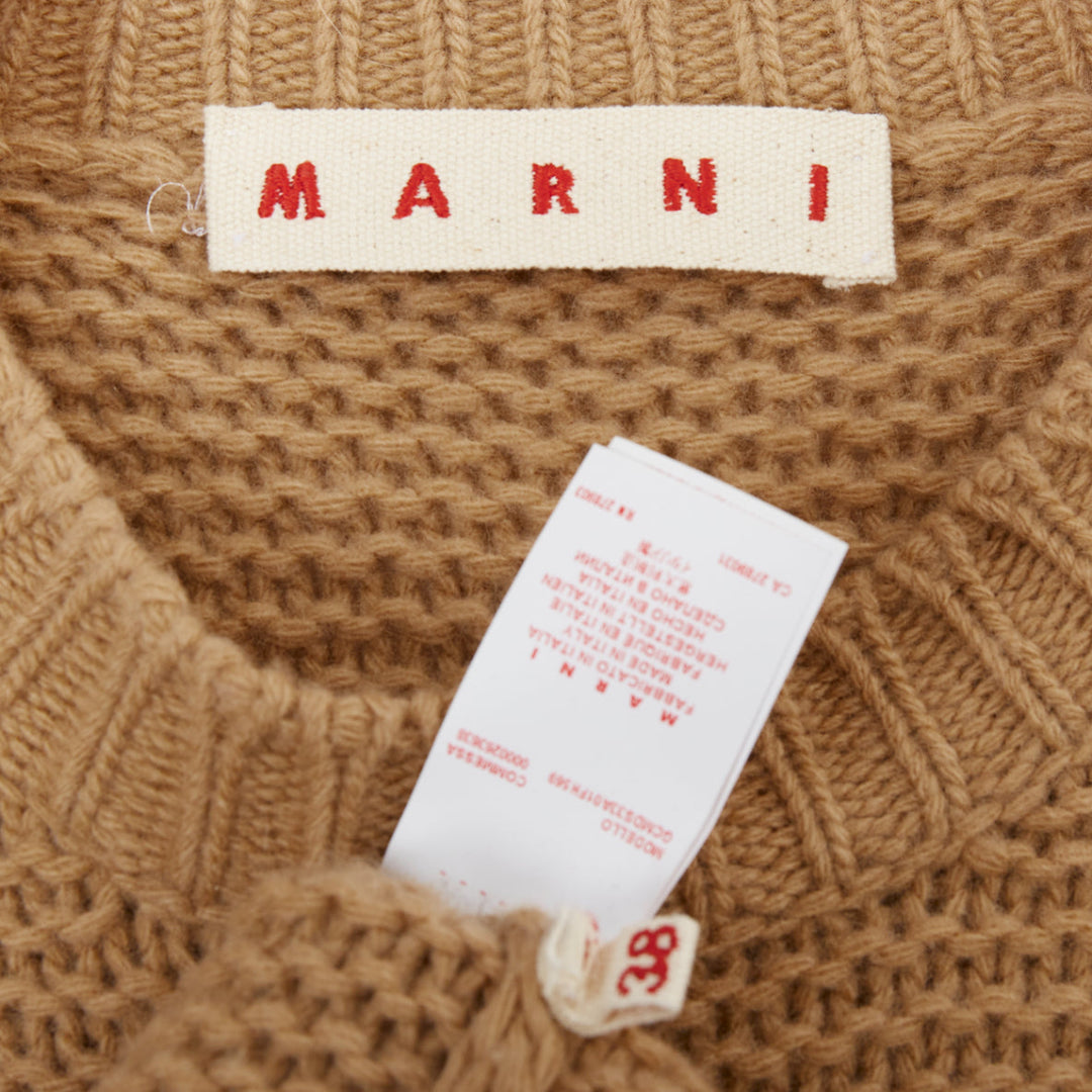 MARNI 100% virgin wool camel brown contrasting ribbed knit slit sweater IT38 XS