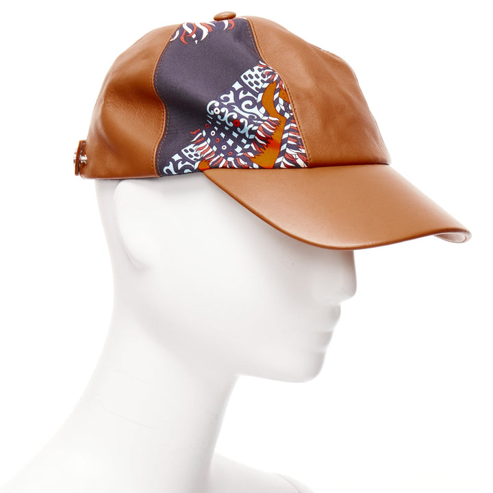 HERMES brown lambskin leather navy orange cotton silk scarf patch cap 58cm