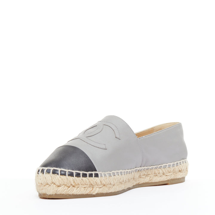 CHANEL bicolor grey lambskin leather black cap toes CC espadrilles shoes EU39