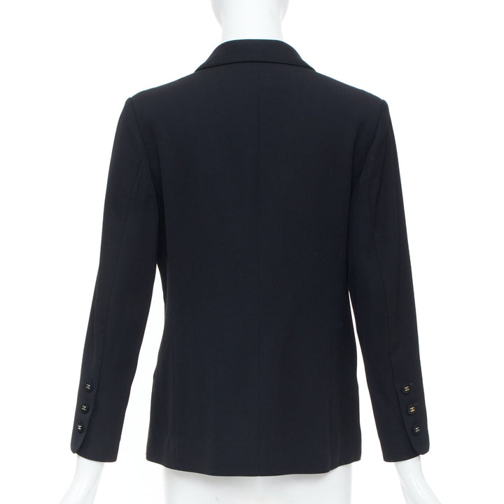 CHANEL 1996 Vintage black wool single cc logo button pocket blazer FR36 XS
