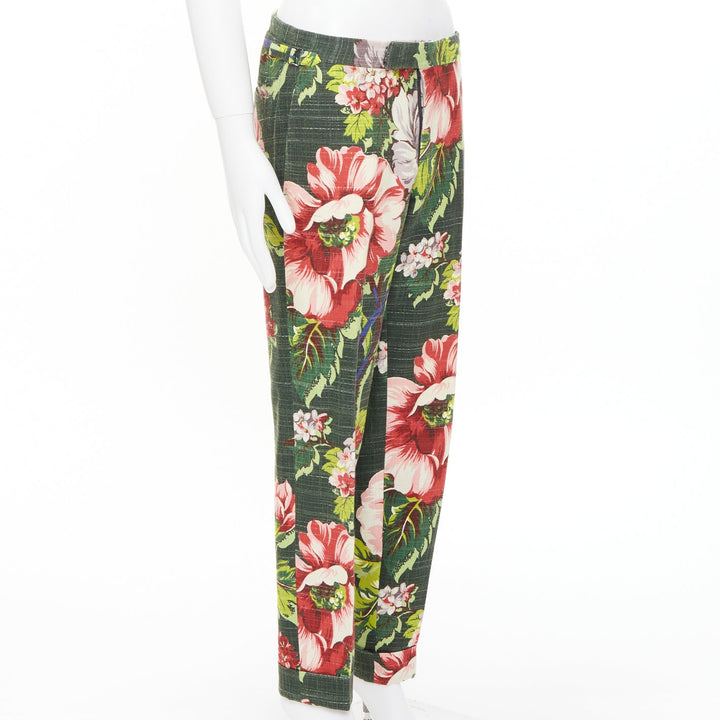 TOM FORD green pink cotton silk floral print slim tailored trousers IT48 M