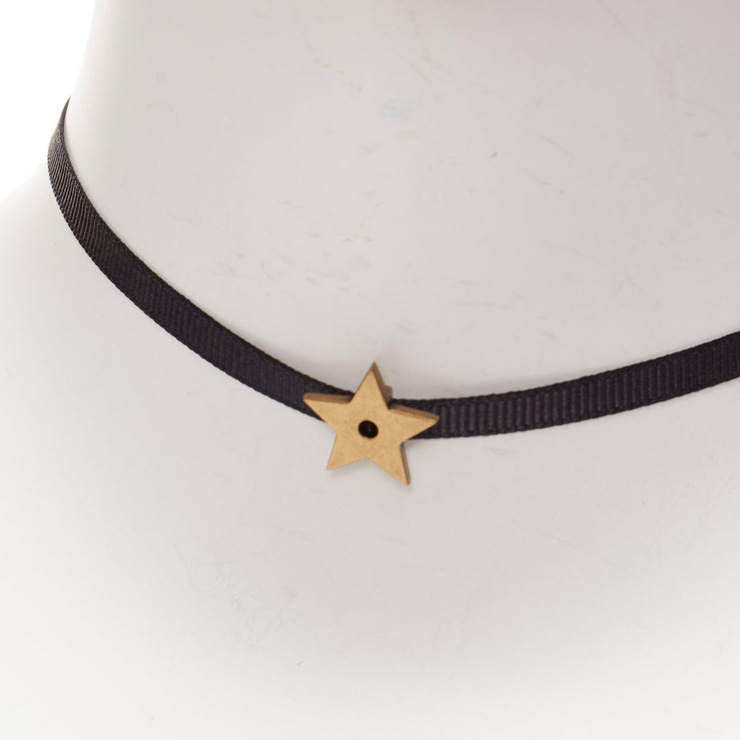 DIOR antique gold star CD charm black fabric short choker